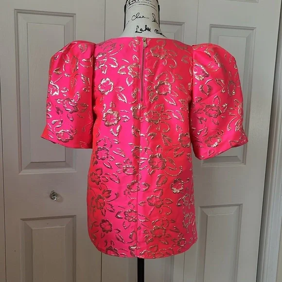 NWT Lilly Pulitzer Pratt Puff sleeve pink gold brocade top Sz XS SM - Picture 9 of 13